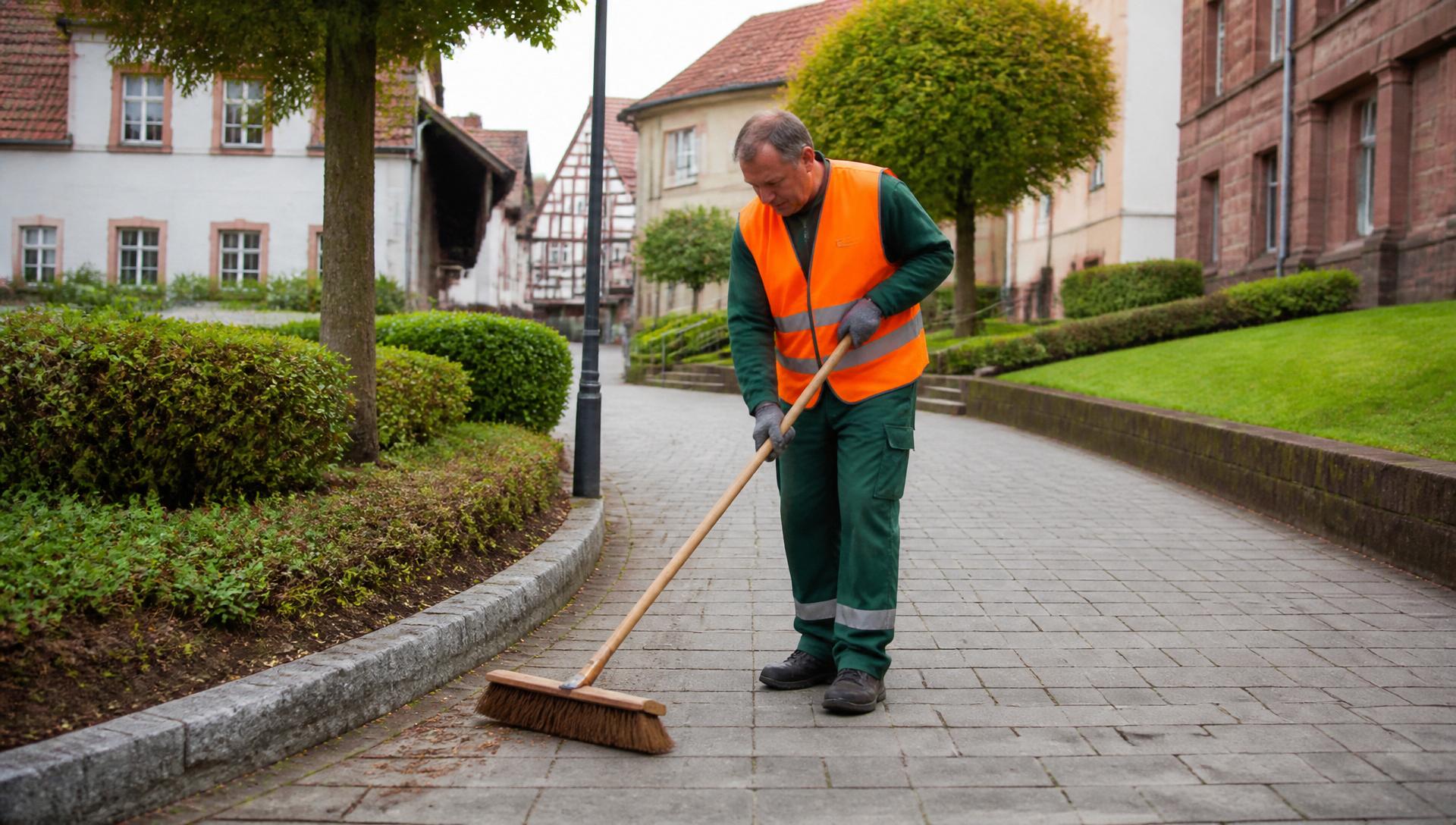 Kommunaler Mitarbeiter kehrt einen Gehweg