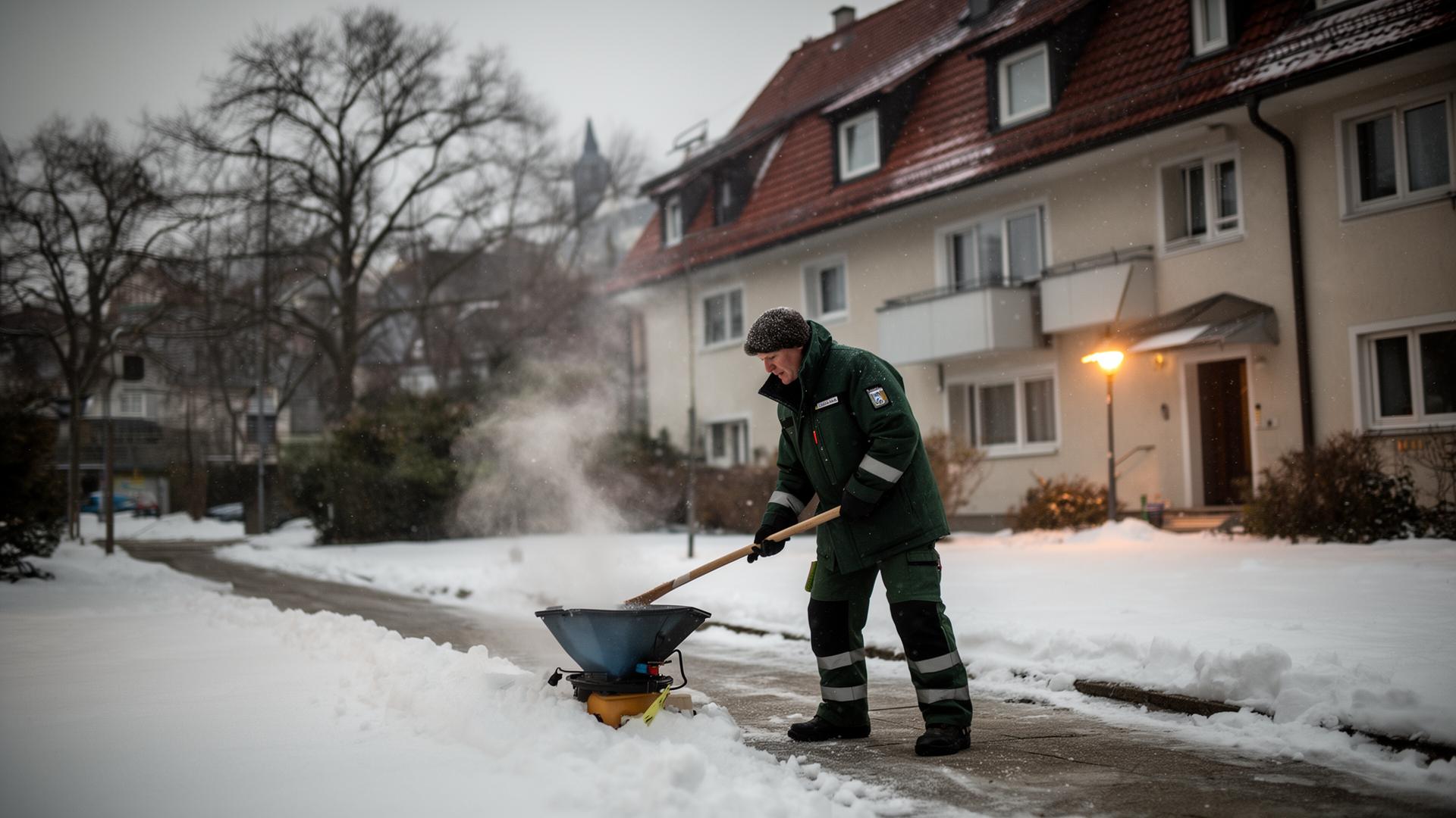 Winterdienst: Streudienst bei Schnee in einer Wohnsiedlung